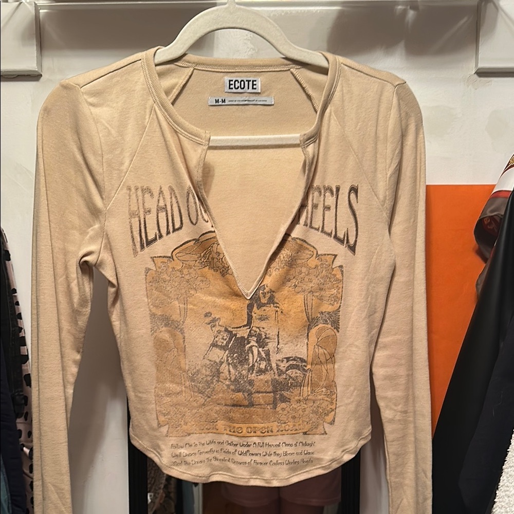 Ecote Tan Graphic Cut-Out Long Sleeve Top